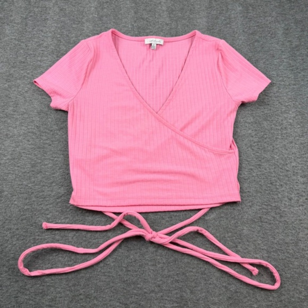 Blushe Ribbed Surplice Wrap Crop Top Women's Size S Pink Short Sleeve BT02598